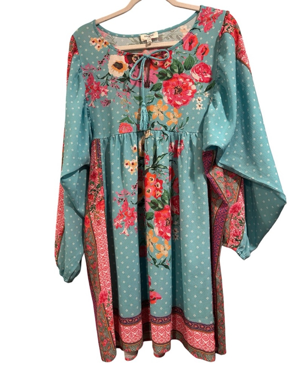 Umgee Boho Mixed Floral Print Babydoll Dress Teal Tassel Long Sleeve Ocean Large - Picture 4 of 16